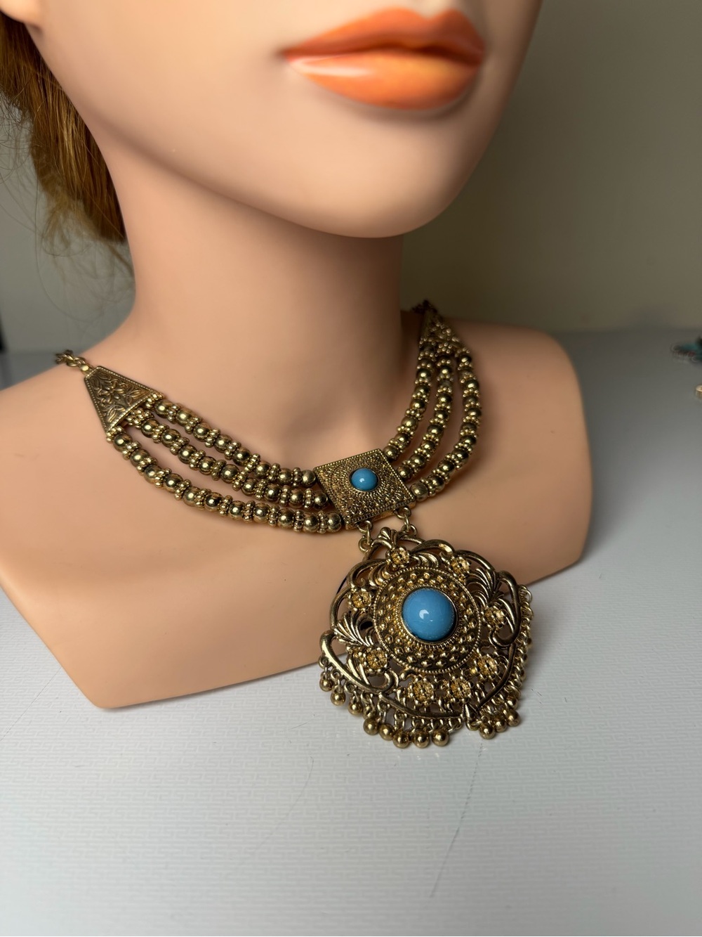 Gold-Tone Multi-Strand Necklace with Turquoise Accent - Women Jewelry
